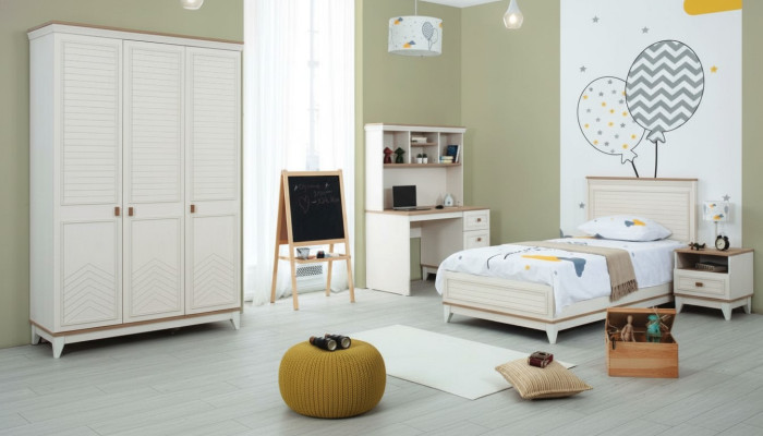 Conjuntos de habitación Dormitorio juvenil Cama infantil Blanco Madera Juego de 4 piezas Cama Moderna