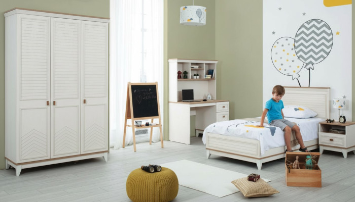 Cama infantil Conjunto de dormitorio Juego de cama juvenil en blanco Set de madera de 4 piezas Cama