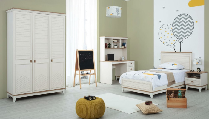 Cama infantil Conjunto de dormitorio Juego de cama juvenil en blanco Set de madera de 4 piezas Cama