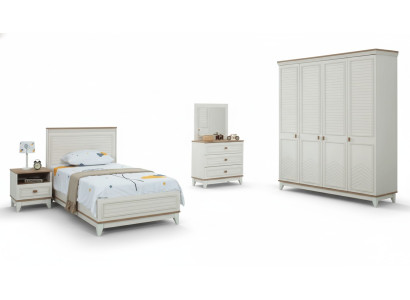 Conjunto completo de muebles infantiles para niños, cama blanca de madera de 5 piezas con cómoda.