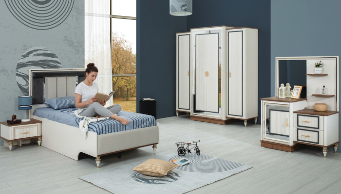 Dormitorio Conjuntos Cama juvenil Cama infantil Blanco Madera Set 5 piezas Cama Moderna