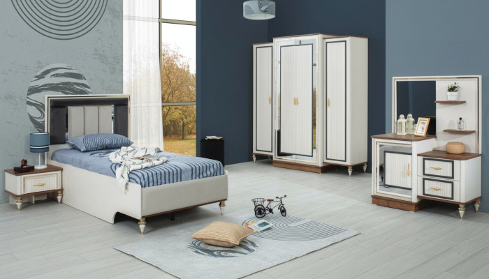 Dormitorio Conjuntos Cama juvenil Cama infantil Blanco Madera Set 5 piezas Cama Moderna
