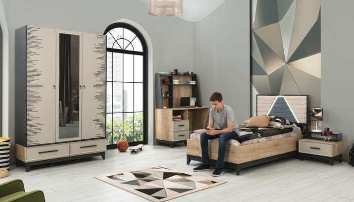 Muebles completos para niños Cama juvenil Cama de madera Juego de 4 piezas Habitación infantil Marrón