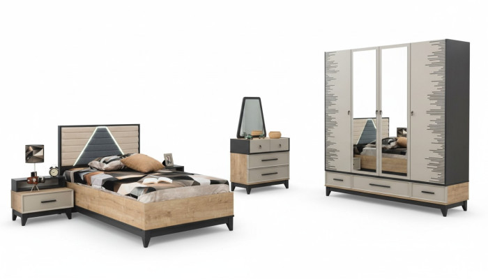Conjunto habitación infantil Cama Cama infantil Marrón Madera Sets Cama juvenil 5 piezas.