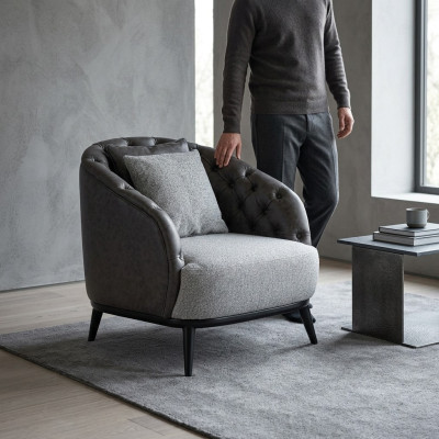Diseño de sillón de una plaza, butaca de tela gris diseño Chesterfield.