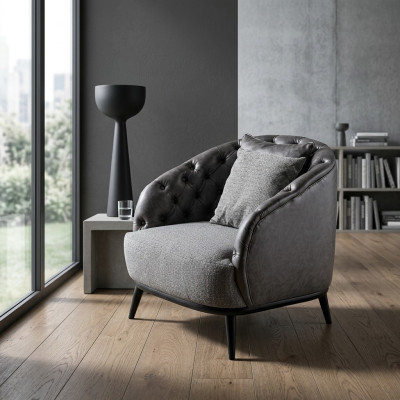 Diseño de sillón de una plaza, butaca de tela gris diseño Chesterfield.