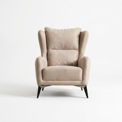 Sillón de lujo de una plaza, sillón de tela beige para salón moderno.