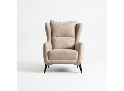 Sillón de lujo de una plaza, sillón de tela beige para salón moderno.