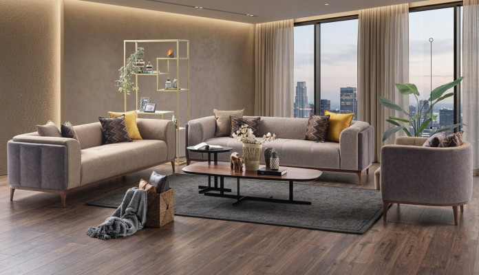Conjunto de tres plazas, cuatro plazas, sillón y sofá de tela beige. Juego de sofás de tela 4+3+1.