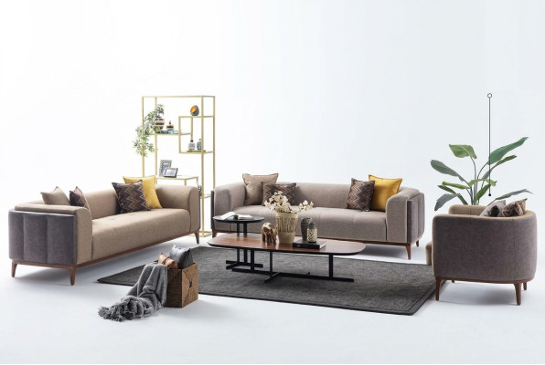 Conjunto de tres plazas, cuatro plazas, sillón y sofá de tela beige. Juego de sofás de tela 4+3+1.