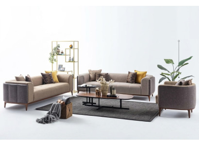 Conjunto de tres plazas, cuatro plazas, sillón y sofá de tela beige. Juego de sofás de tela 4+3+1.