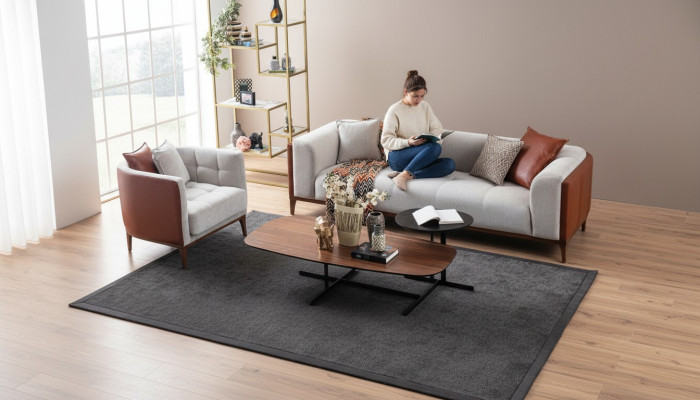 Moderno conjunto de tela gris para sofá de tres plazas y sillón. Conjunto de sofá tapizado de 3 plazas y 1 plaza.