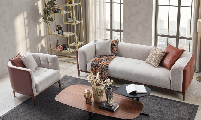 Moderno conjunto de tela gris para sofá de tres plazas y sillón. Conjunto de sofá tapizado de 3 plazas y 1 plaza.