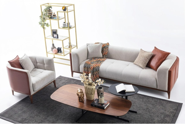 Moderno conjunto de tela gris para sofá de tres plazas y sillón. Conjunto de sofá tapizado de 3 plazas y 1 plaza.
