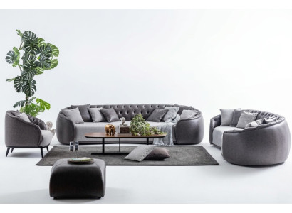 Muebles de lujo para villas. Conjunto de sofás Chesterfield gris en tela para 4+3+1.