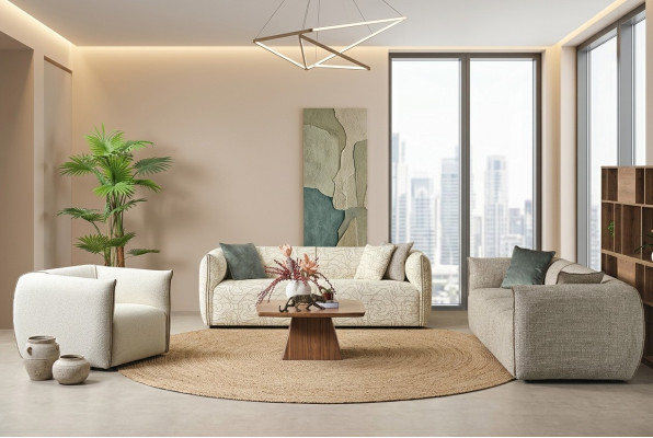 Conjunto de sofá de tres plazas, sillón y sofá de tela beige sofá de tela de cuatro plazas 4+3+1