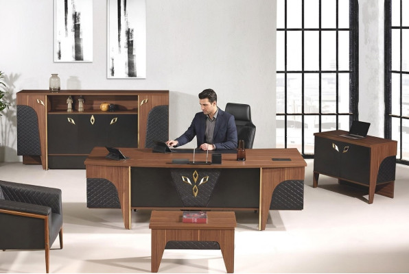 Conjunto de mesa de escritorio de oficina completo de 4 piezas de madera marrón de lujo grande