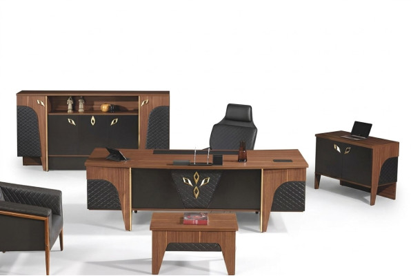 Conjunto de mesa de escritorio de oficina completo de 4 piezas de madera marrón de lujo grande