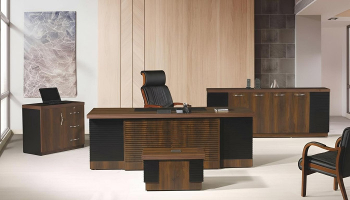 Escritorio de oficina, conjunto de muebles de oficina, oficina completa, juego de escritorio 4 piezas, madera marrón, oficina.