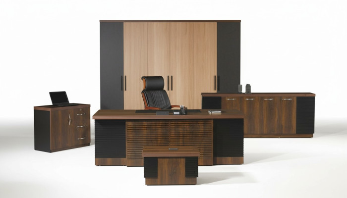 Escritorio de oficina, conjunto de muebles de oficina, oficina completa, juego de escritorio 4 piezas, madera marrón, oficina.