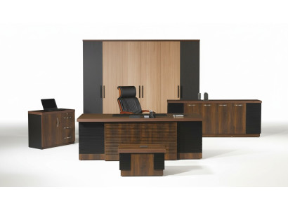Escritorio de oficina, conjunto de muebles de oficina, oficina completa, juego de escritorio 4 piezas, madera marrón, oficina.