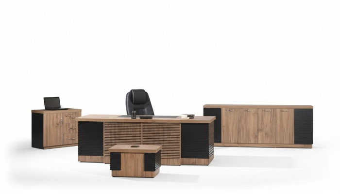 Mobiliario de oficina para estudio, escritorio de oficina, juego de mesa de oficina de 4 piezas de madera marrón.