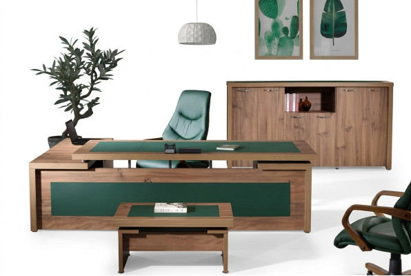 Mesa de oficina en esquina de oficina completa, conjunto de mesa de oficina 3 piezas de madera marrón de lujo grande.