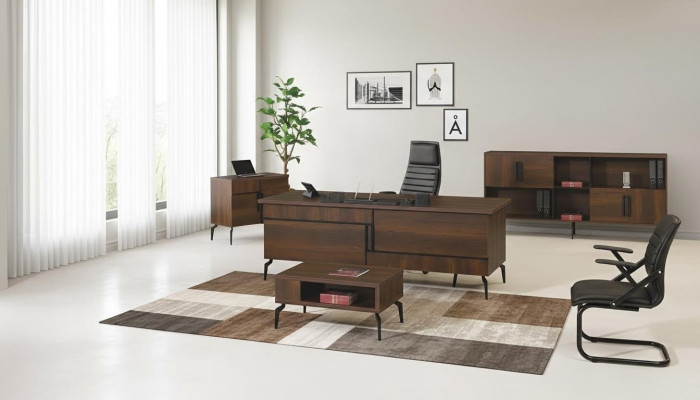 Muebles de oficina para estudio, escritorio de oficina, mesa de oficina, juego de 4 piezas de madera marrón.