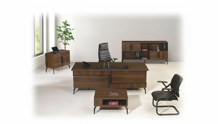 Muebles de oficina para estudio, escritorio de oficina, mesa de oficina, juego de 4 piezas de madera marrón.