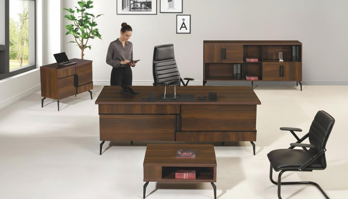 Muebles de oficina, oficina completa, escritorio de oficina, conjunto de mesa de oficina de 4 piezas, madera marrón.