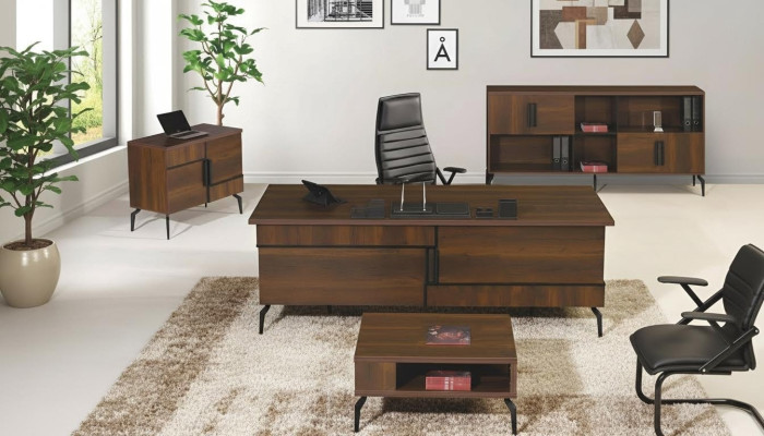 Muebles de oficina, oficina completa, escritorio de oficina, conjunto de mesa de oficina de 4 piezas, madera marrón.