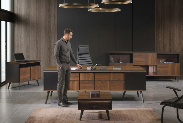 Muebles completos de oficina, escritorio, mesa de oficina 4 piezas madera marrón.