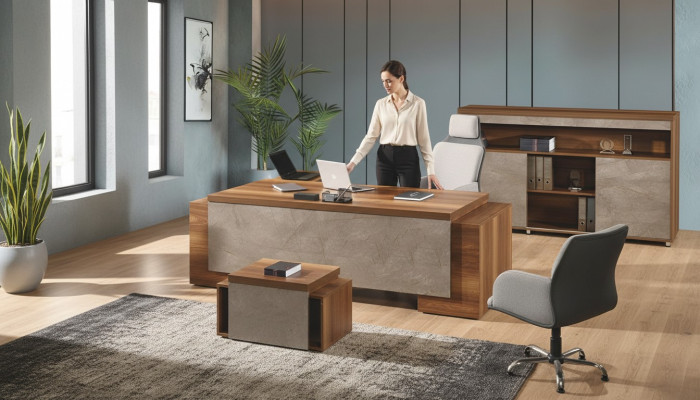 Muebles de oficina, escritorio de esquina, conjunto completo de escritorio de oficina de 3 piezas de madera marrón.