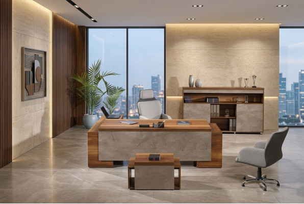 Muebles de oficina, escritorio de esquina, conjunto completo de escritorio de oficina de 3 piezas de madera marrón.