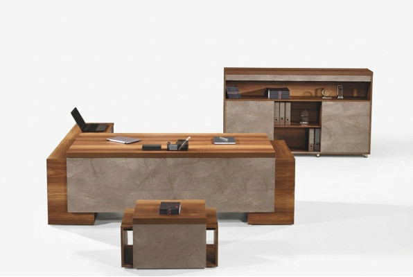 Muebles de oficina, escritorio de esquina, conjunto completo de escritorio de oficina de 3 piezas de madera marrón.