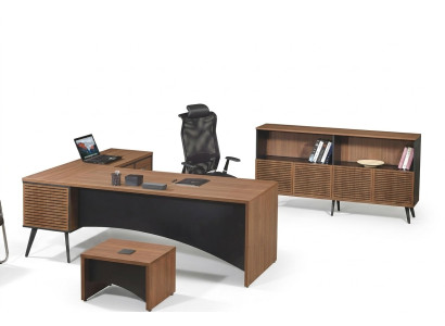 Muebles de oficina, tablero de esquina completo de 3 piezas de madera marrón.