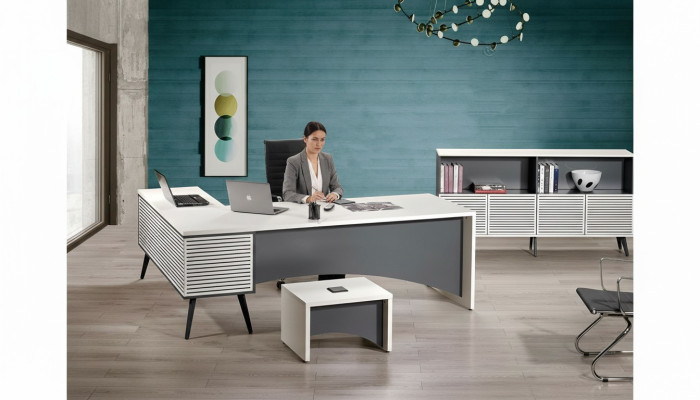 Mesa de oficina de esquina Juego de mesa de oficina completo de 3 piezas Muebles de oficina de madera blanco Nuevo