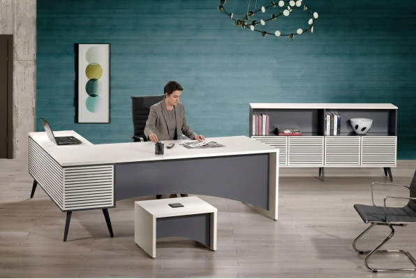Mesa de trabajo, escritorio de esquina, conjunto de oficina completo de 3 piezas, muebles de oficina de madera blanco.