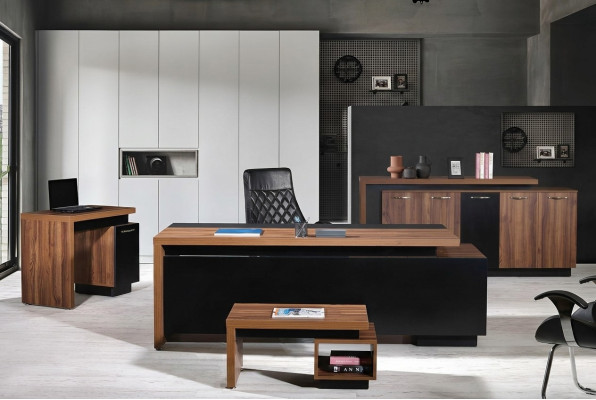 Escritorio de oficina, muebles de oficina, oficina completa, juego de escritorio de 4 piezas, madera negra.