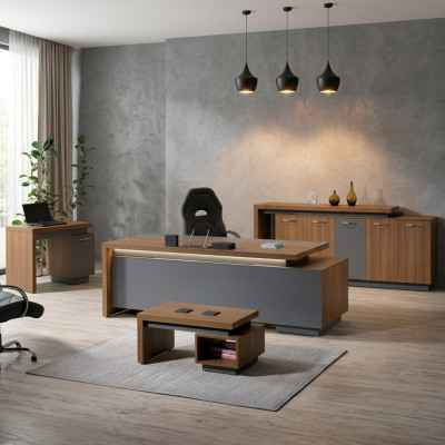 Oficina completa, muebles de oficina, escritorio de oficina, oficina, set de mesa de oficina de 4 piezas, madera marrón.