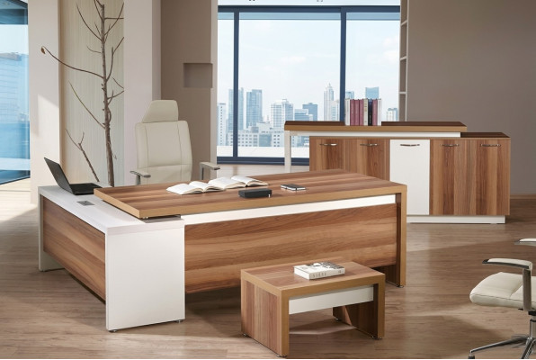 Escritorio de esquina para oficina, conjunto completo de escritorio de oficina de 3 piezas, muebles de oficina de madera marrón.