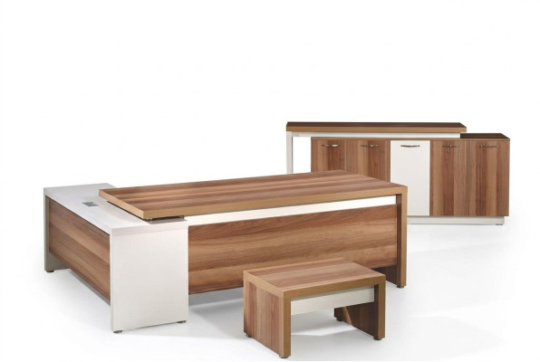 Escritorio de esquina para oficina, conjunto completo de escritorio de oficina de 3 piezas, muebles de oficina de madera marrón.