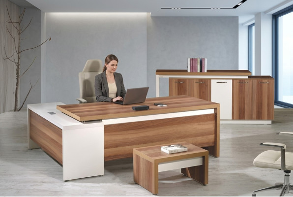 Muebles de oficina completos para sala de trabajo, escritorio de esquina de 3 piezas color marrón de madera.