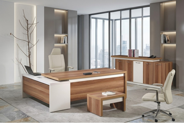 Muebles de oficina completos para sala de trabajo, escritorio de esquina de 3 piezas color marrón de madera.