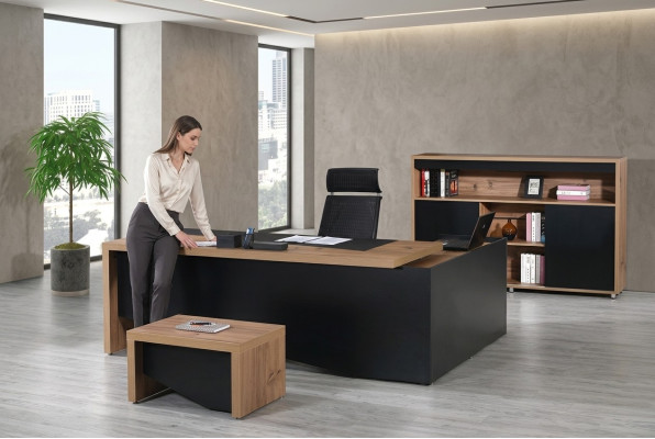 Muebles de oficina, escritorio de esquina completo, escritorio de oficina 3 piezas de madera negro.