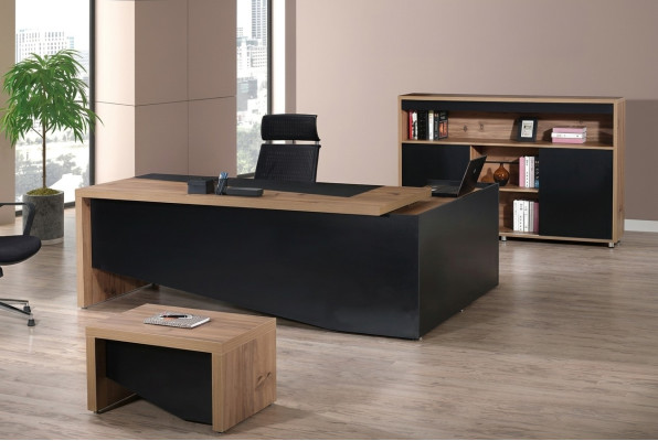 Muebles de oficina, escritorio de esquina completo, escritorio de oficina 3 piezas de madera negro.