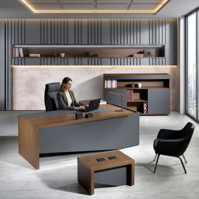 Muebles clásicos de oficina completos en gris, escritorio de esquina de madera de 3 piezas.