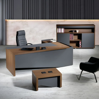 Muebles clásicos de oficina completos en gris, escritorio de esquina de madera de 3 piezas.