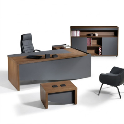 Muebles clásicos de oficina completos en gris, escritorio de esquina de madera de 3 piezas.