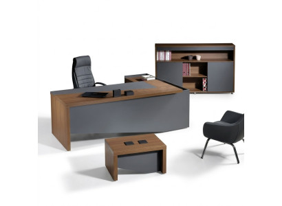 Muebles clásicos de oficina completos en gris, escritorio de esquina de madera de 3 piezas.